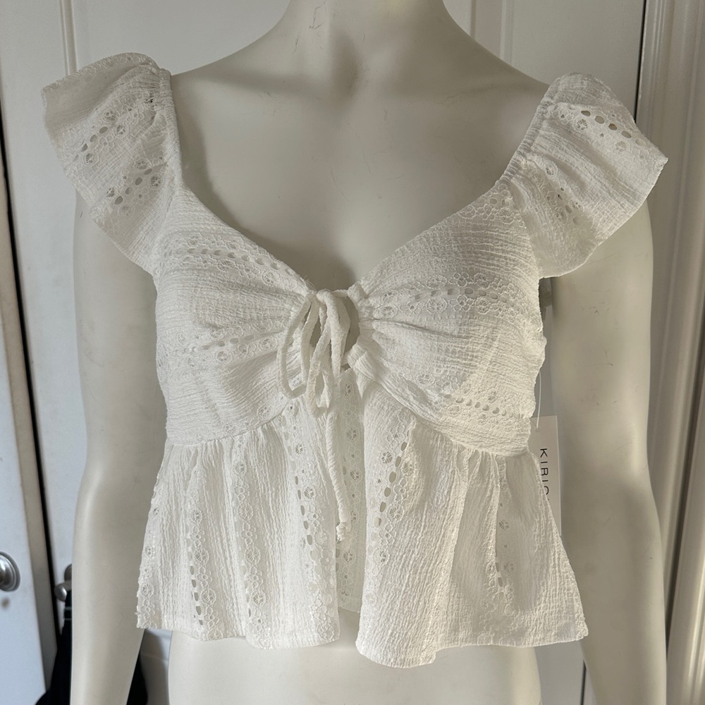 Elegant White Eyelet Blouse with Ruffle Sleeves